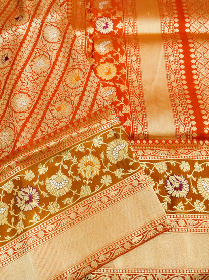 Handloom Banarasi Katan Silk Zari Tanchoi Saree in Rust - Khinkhwab
