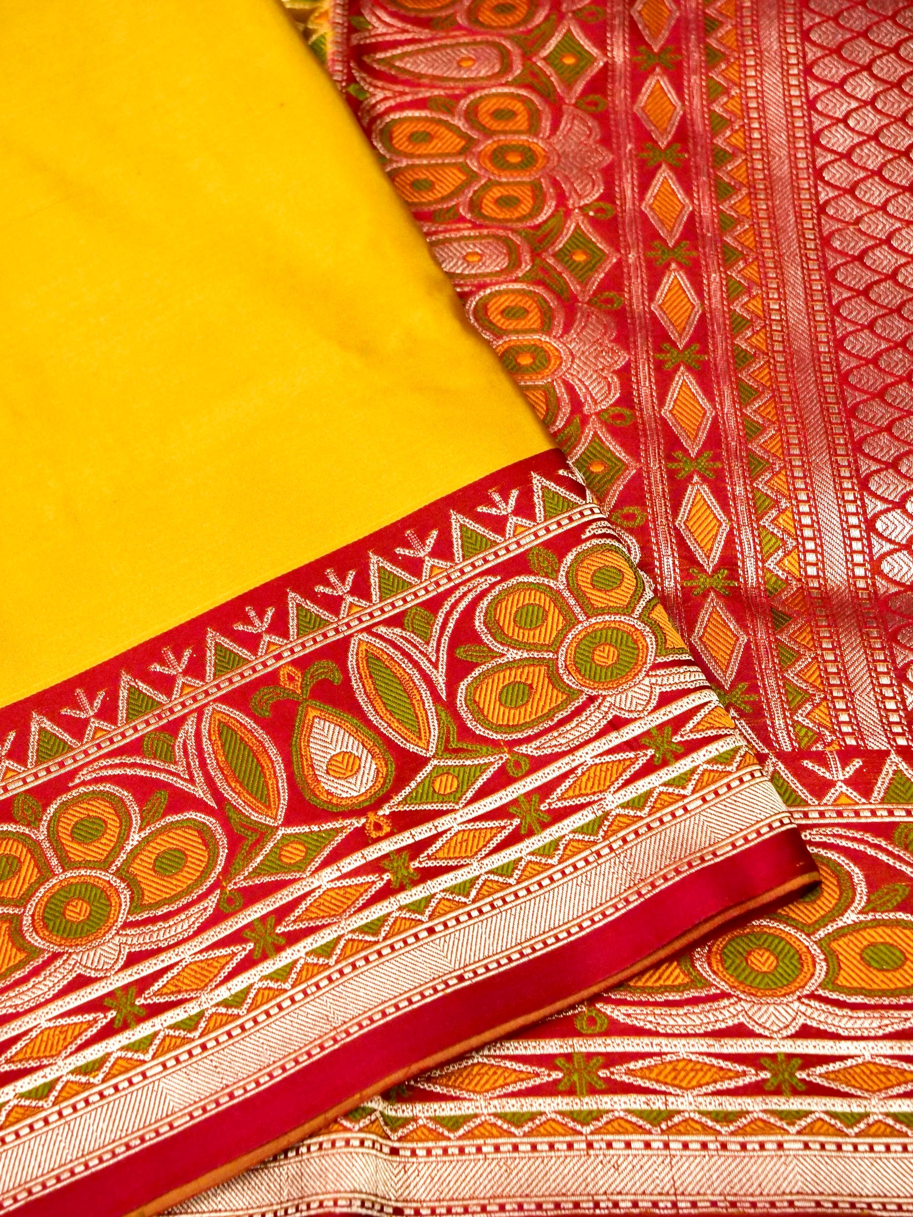 Banarasi Mashru Silk Kadiyal Handwoven Saree in Marigold Yellow - Khinkhwab