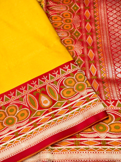 Banarasi Mashru Silk Kadiyal Handwoven Saree in Marigold Yellow - Khinkhwab