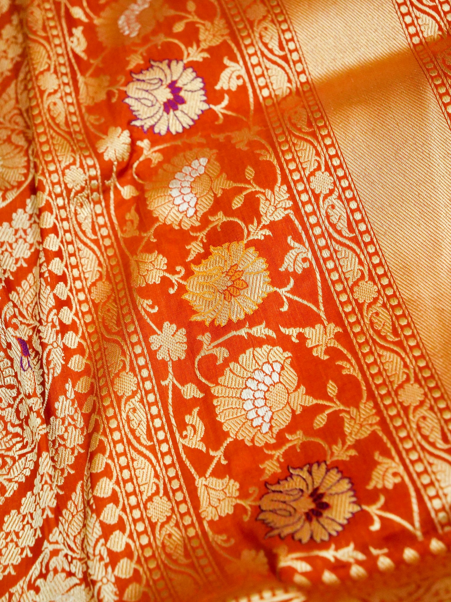 Handloom Banarasi Katan Silk Zari Tanchoi Saree in Rust - Khinkhwab