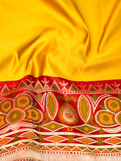Banarasi Mashru Silk Kadiyal Handwoven Saree in Marigold Yellow - Khinkhwab