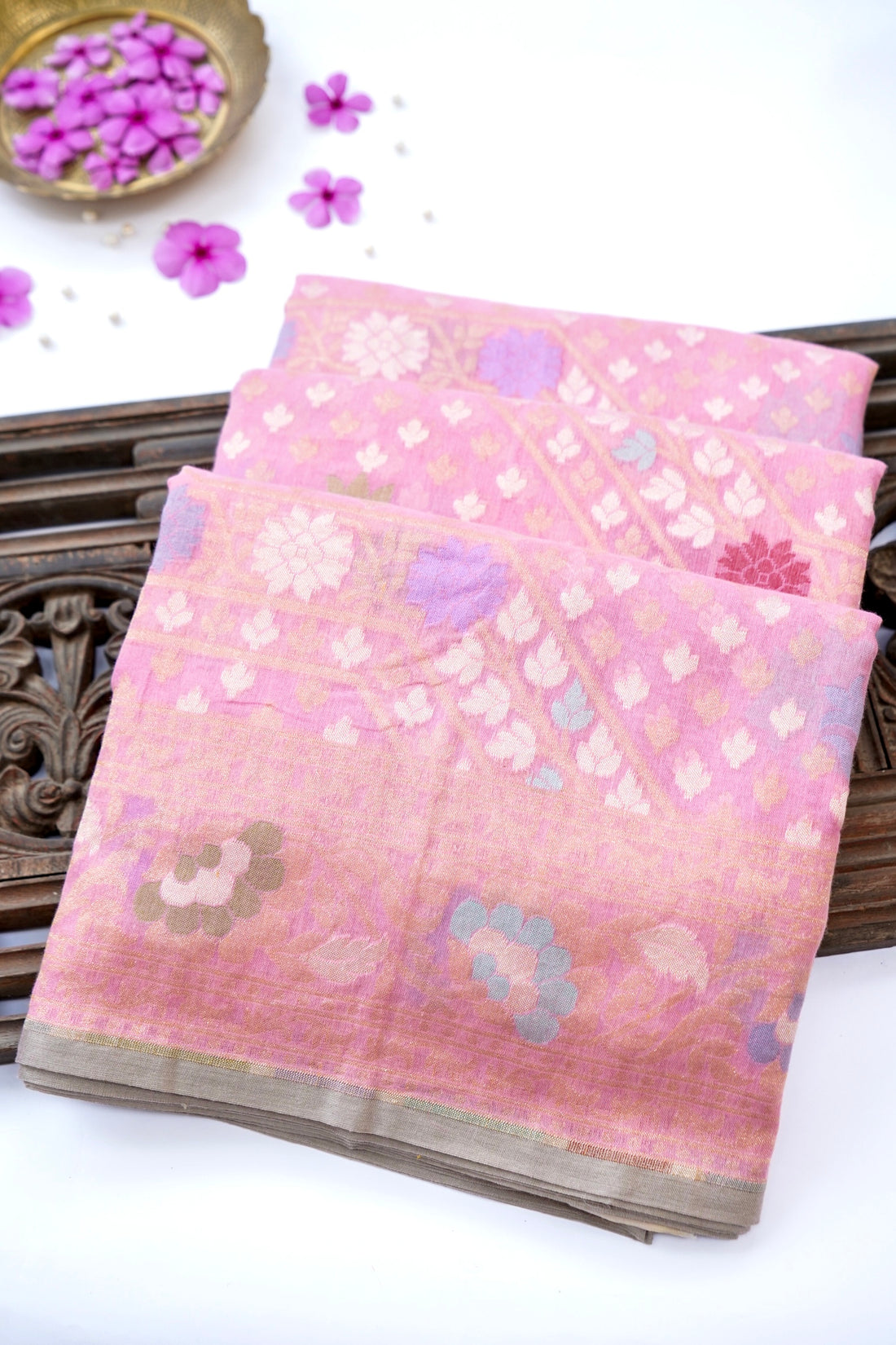 Banarasi Cotton Handloom Jamdani Ektara Saree | Pink - Khinkhwab