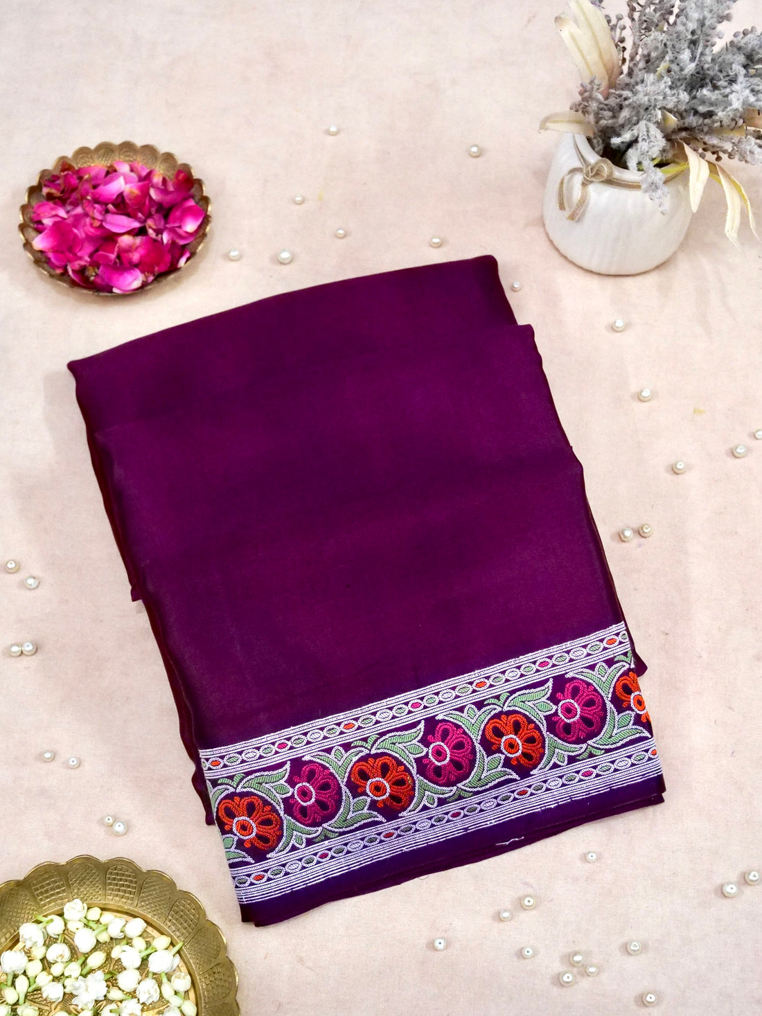 Banarasi Mashru Silk Kadiyal Handwoven Saree in Wine Purple