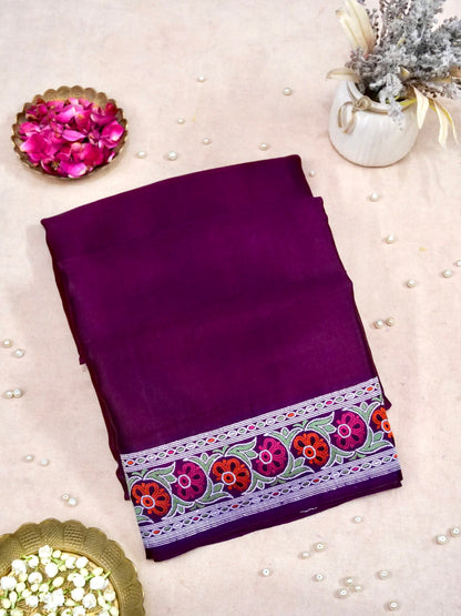 Banarasi Mashru Silk Kadiyal Handwoven Saree in Wine Purple