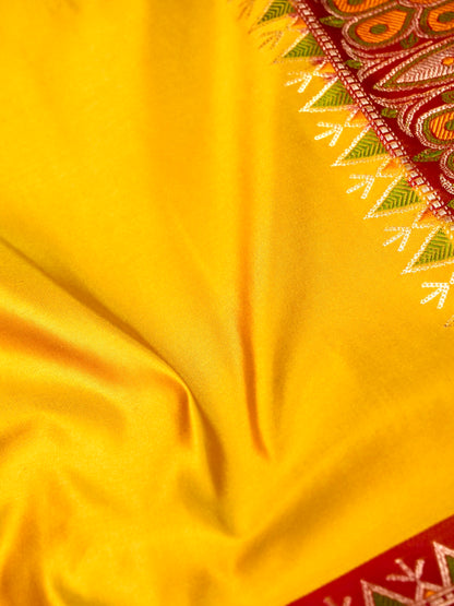 Banarasi Mashru Silk Kadiyal Handwoven Saree in Marigold Yellow - Khinkhwab