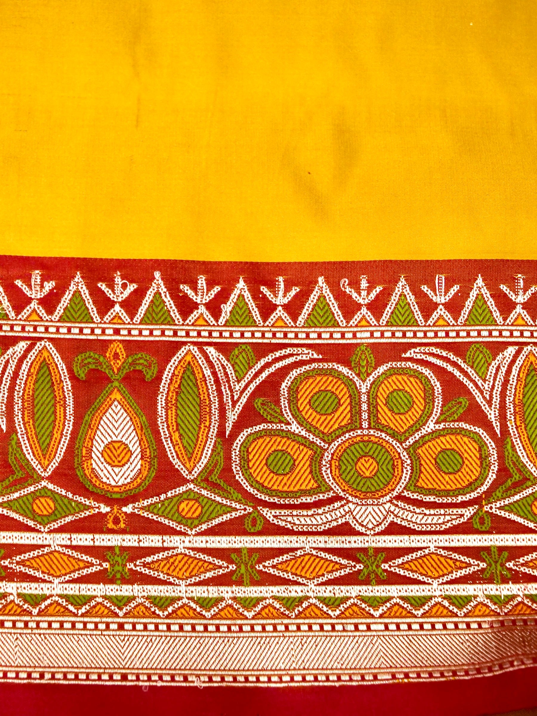 Banarasi Mashru Silk Kadiyal Handwoven Saree in Marigold Yellow - Khinkhwab