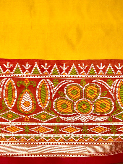 Banarasi Mashru Silk Kadiyal Handwoven Saree in Marigold Yellow - Khinkhwab