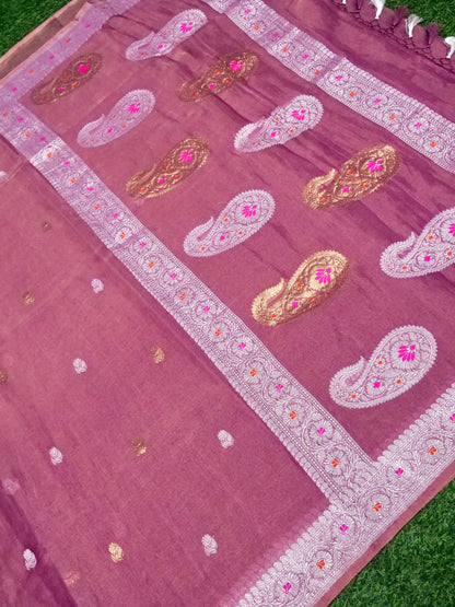 Khaddi Chiffon Tissue Kadwa Kairi Handwoven Banarasi Saree in Mauve Pink - Khinkhwab