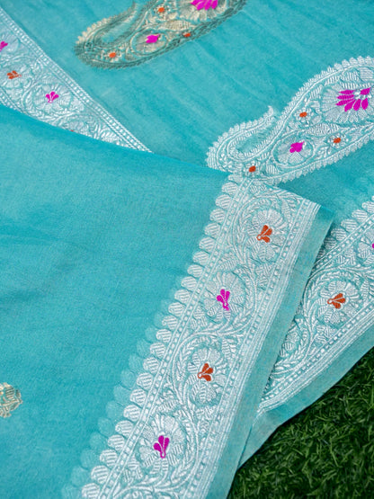 Khaddi Chiffon Tissue Kadwa Kairi Handwoven Banarasi Saree in Sky Blue - Khinkhwab