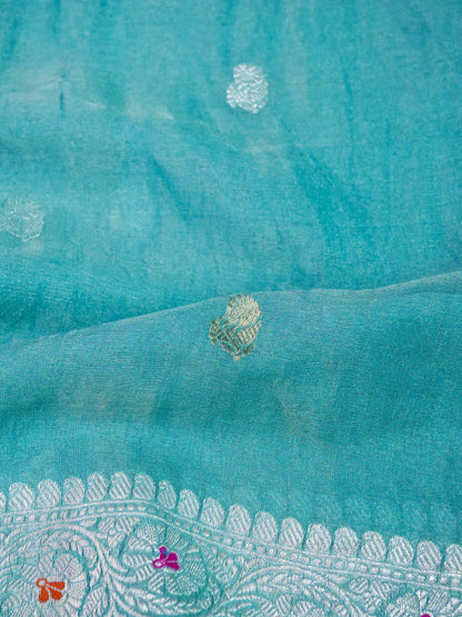 Khaddi Chiffon Tissue Kadwa Kairi Handwoven Banarasi Saree in Sky Blue - Khinkhwab