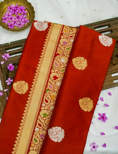 Banarasi Katan Silk Kadwa Alfi Boota Handloom Saree | Rust - Khinkhwab