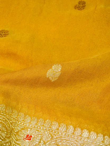 Khaddi Chiffon Tissue Kadwa Kairi Handwoven Banarasi Saree in Mustard Yellow - Khinkhwab