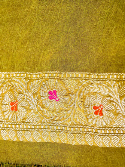 Khaddi Chiffon Tissue Kadwa Kairi Handwoven Banarasi Saree in Mustard Yellow - Khinkhwab