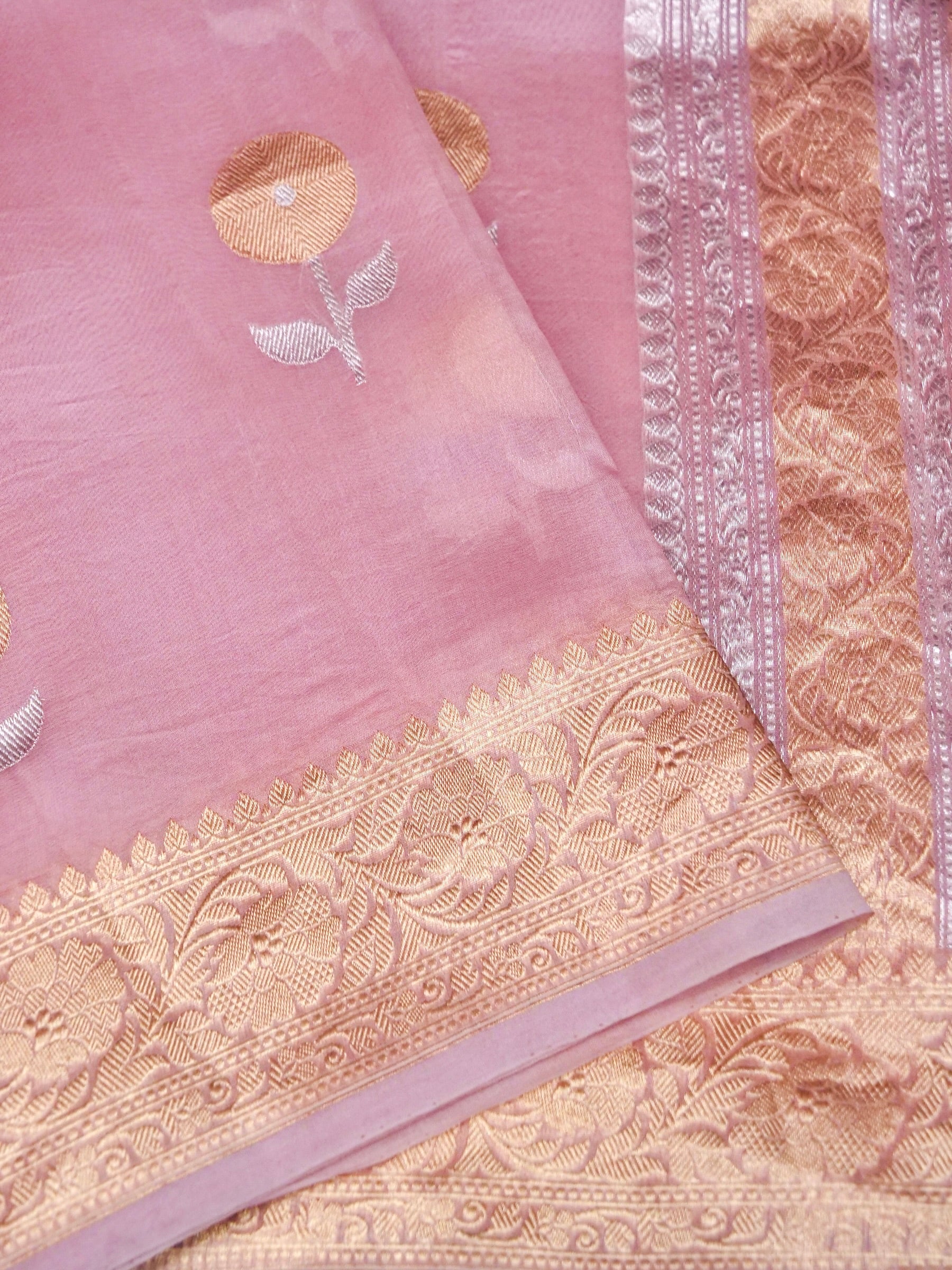Banarasi Kora Silk Kadwa Handwoven Saree in Old Rose - Khinkhwab