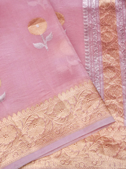 Banarasi Kora Silk Kadwa Handwoven Saree in Old Rose - Khinkhwab