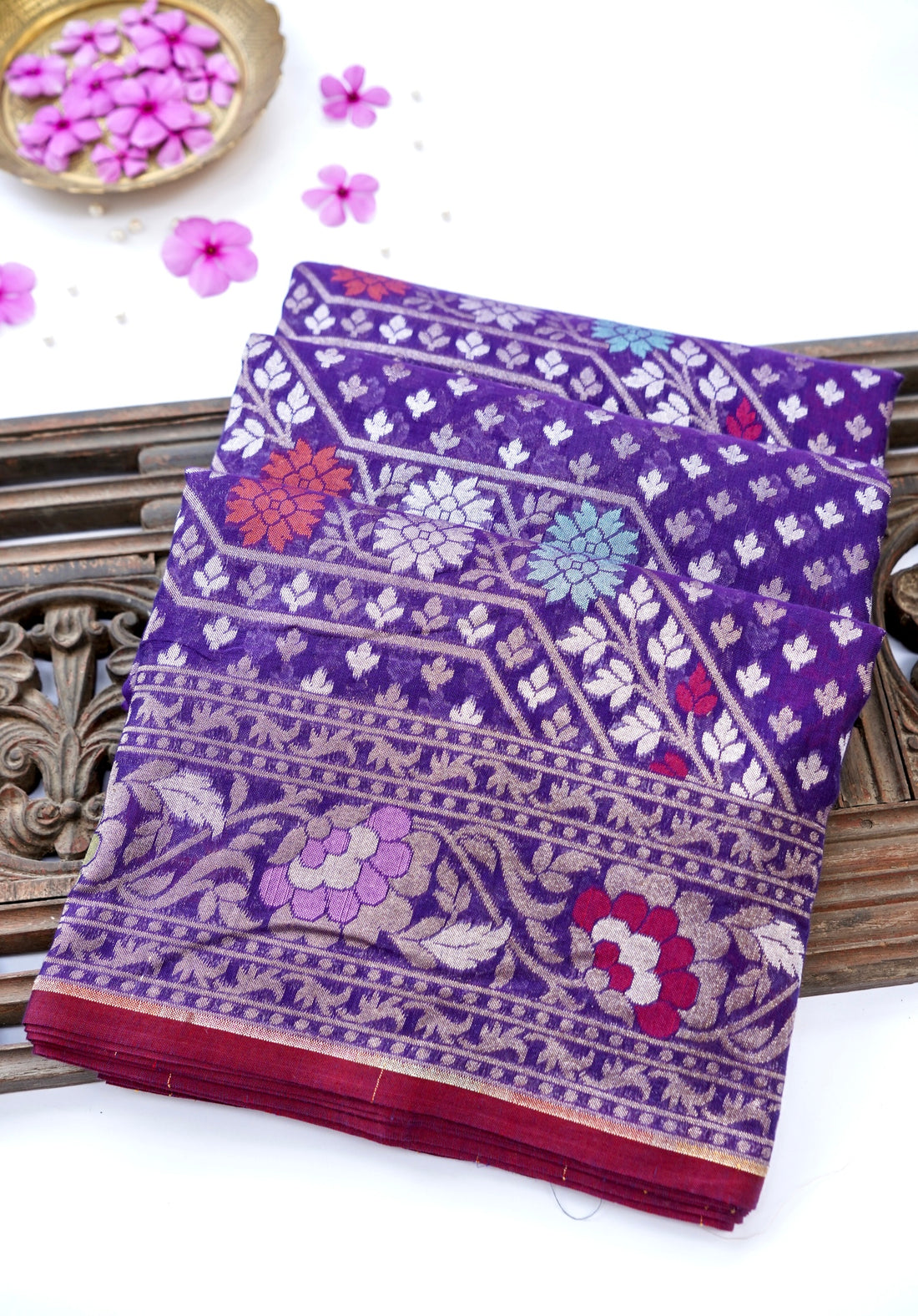 Banarasi Cotton Handloom Jamdani Ektara Saree | Purple - Khinkhwab