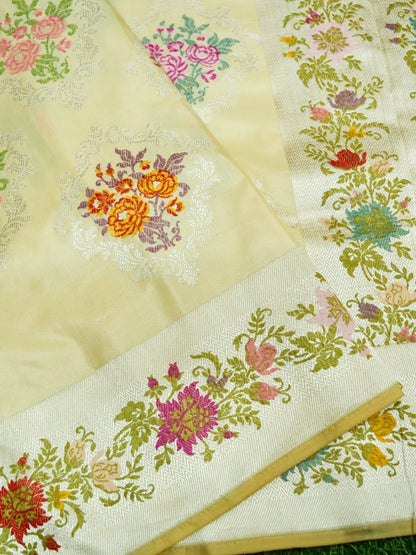 Banarasi Silk Kadwa Meenakari Boota Handloom Saree | Cream - Khinkhwab
