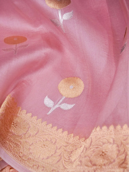 Banarasi Kora Silk Kadwa Handwoven Saree in Old Rose - Khinkhwab