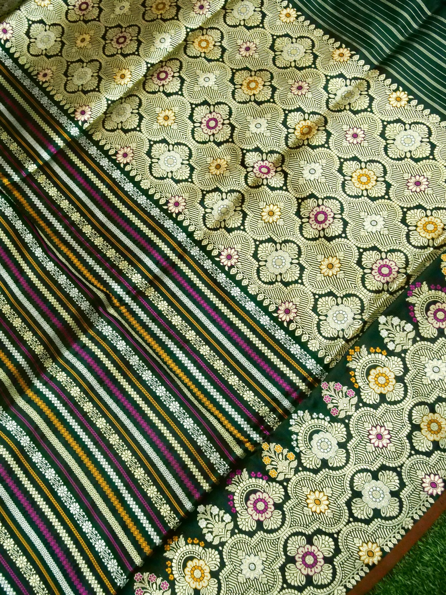 Banarasi Katan Silk Meenakari Border Stripe Handloom Saree | Green - Khinkhwab