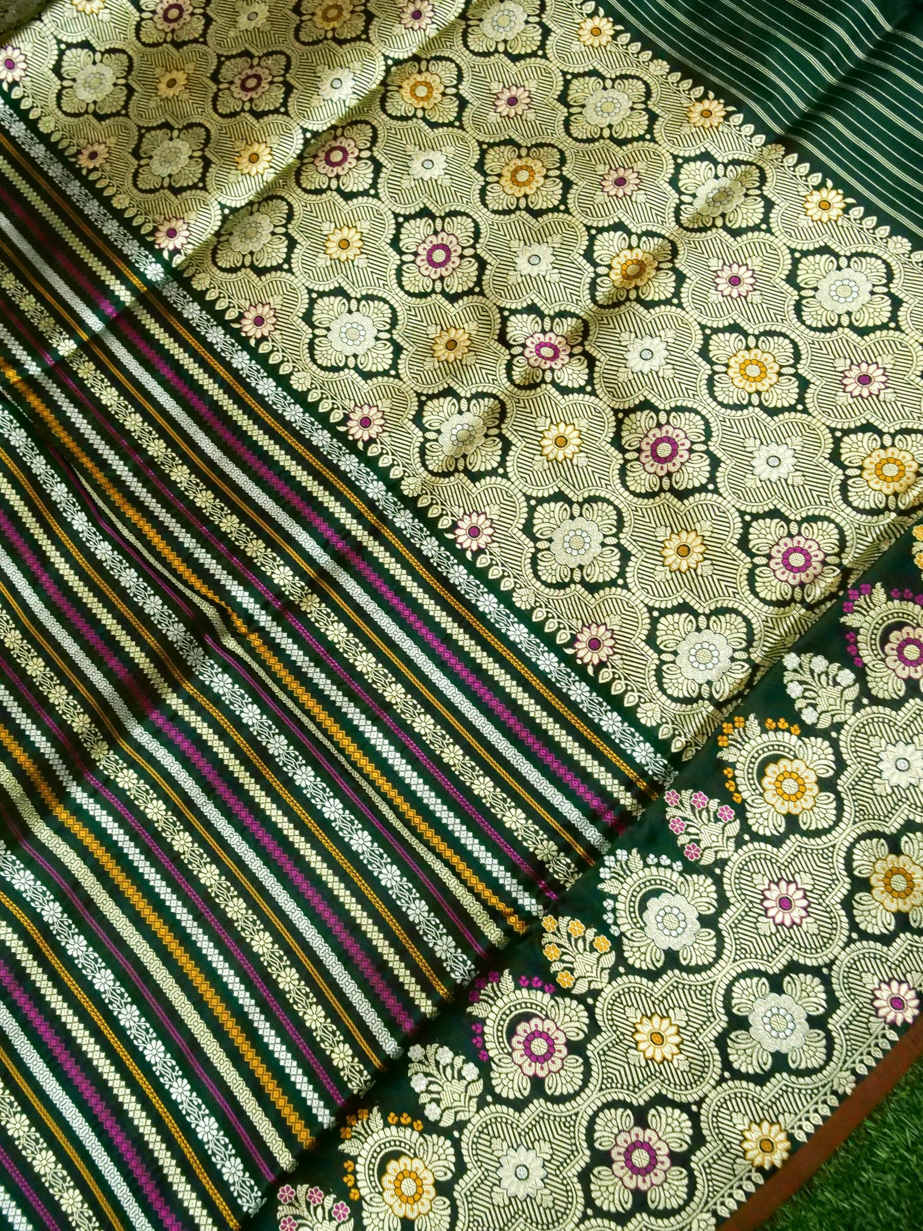Banarasi Katan Silk Meenakari Border Stripe Handloom Saree | Green - Khinkhwab