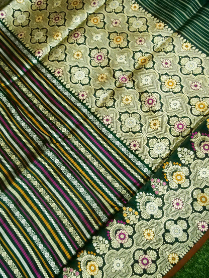 Banarasi Katan Silk Meenakari Border Stripe Handloom Saree | Green - Khinkhwab