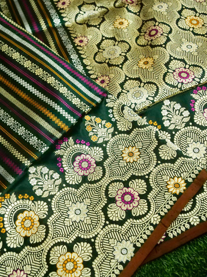 Banarasi Katan Silk Meenakari Border Stripe Handloom Saree | Green - Khinkhwab