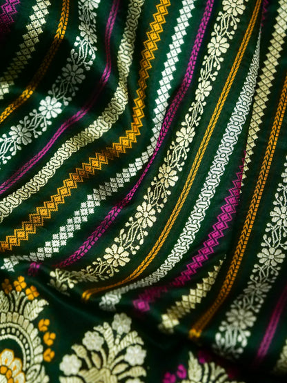 Banarasi Katan Silk Meenakari Border Stripe Handloom Saree | Green - Khinkhwab