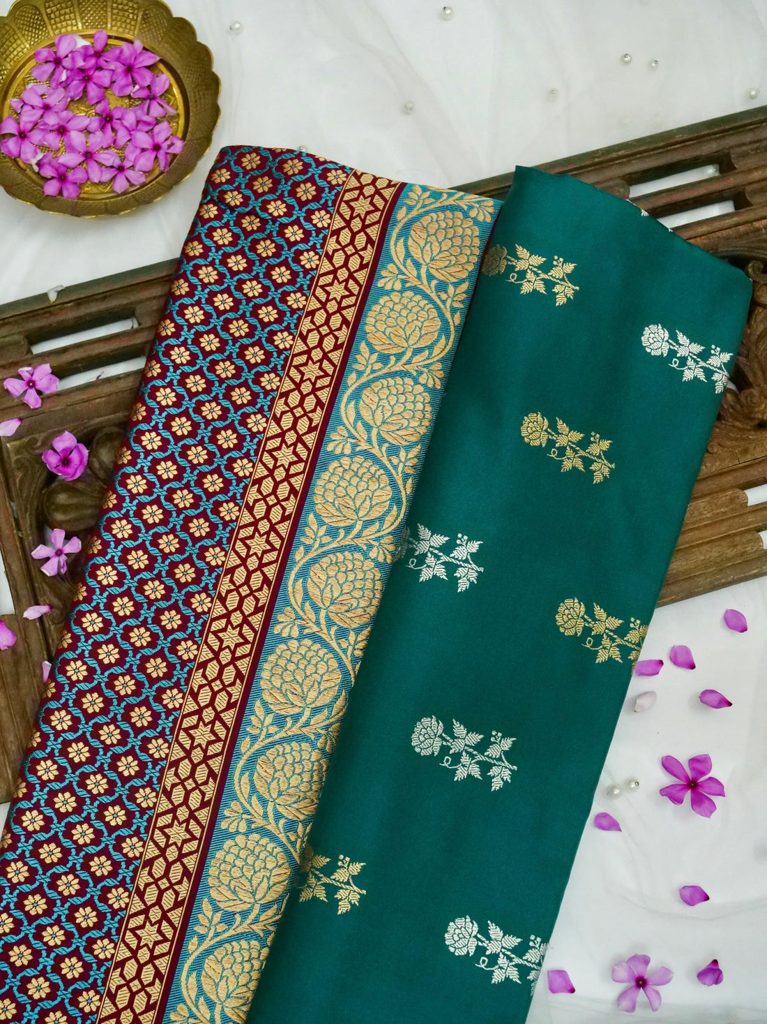 Banarasi Katan Silk Double Tani Alfi Skirt Handloom Saree | Teal - Khinkhwab