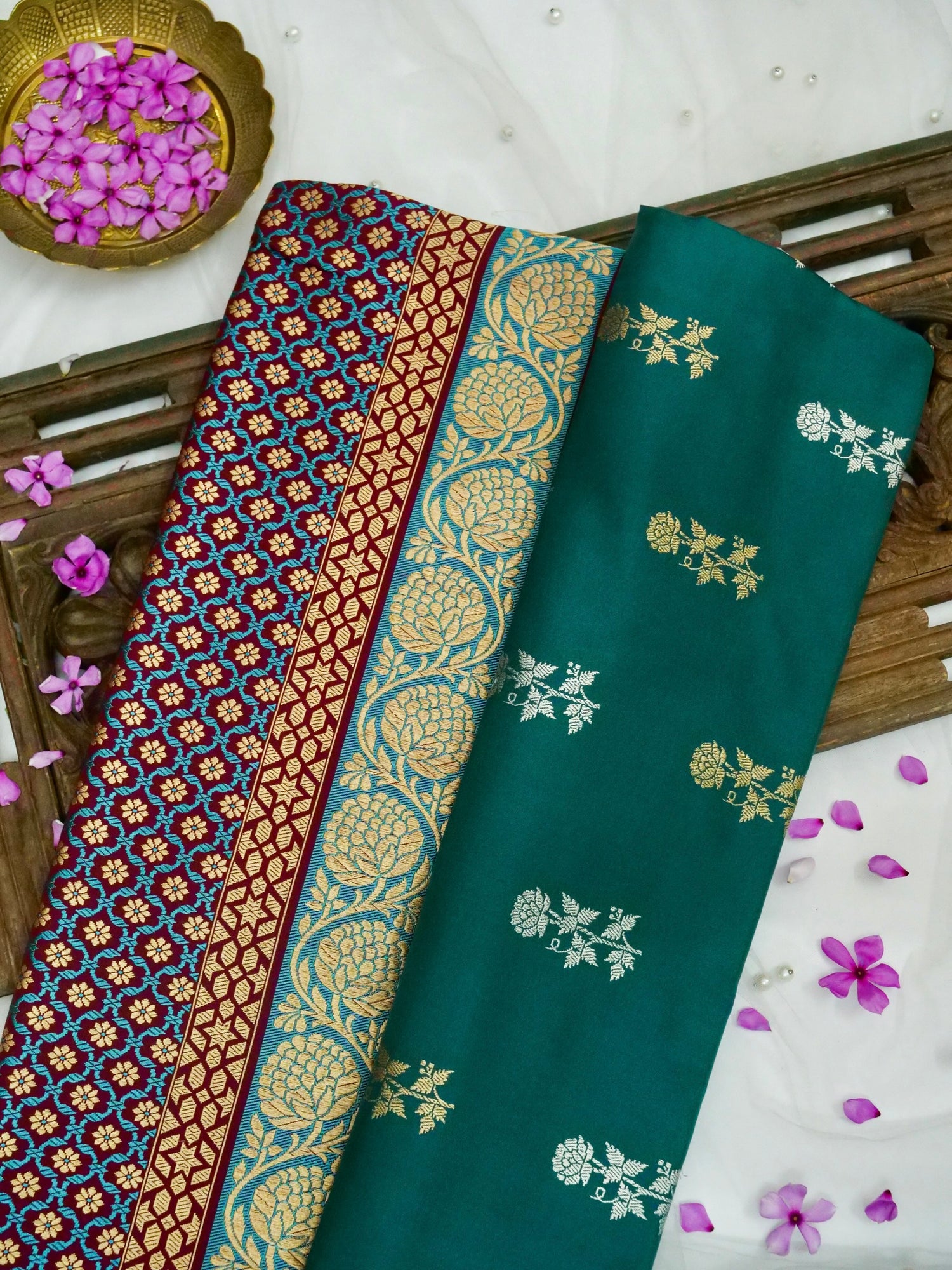 Banarasi Katan Silk Double Tani Alfi Skirt Handloom Saree | Teal - Khinkhwab