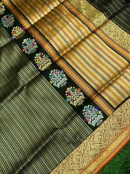Banarasi Katan Silk Meenakari Border Stripe Handloom Saree | Black - Khinkhwab