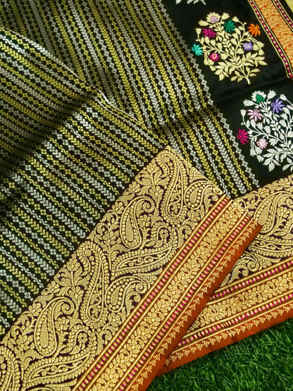 Banarasi Katan Silk Meenakari Border Stripe Handloom Saree | Black - Khinkhwab