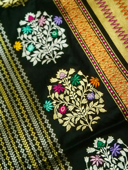 Banarasi Katan Silk Meenakari Border Stripe Handloom Saree | Black - Khinkhwab