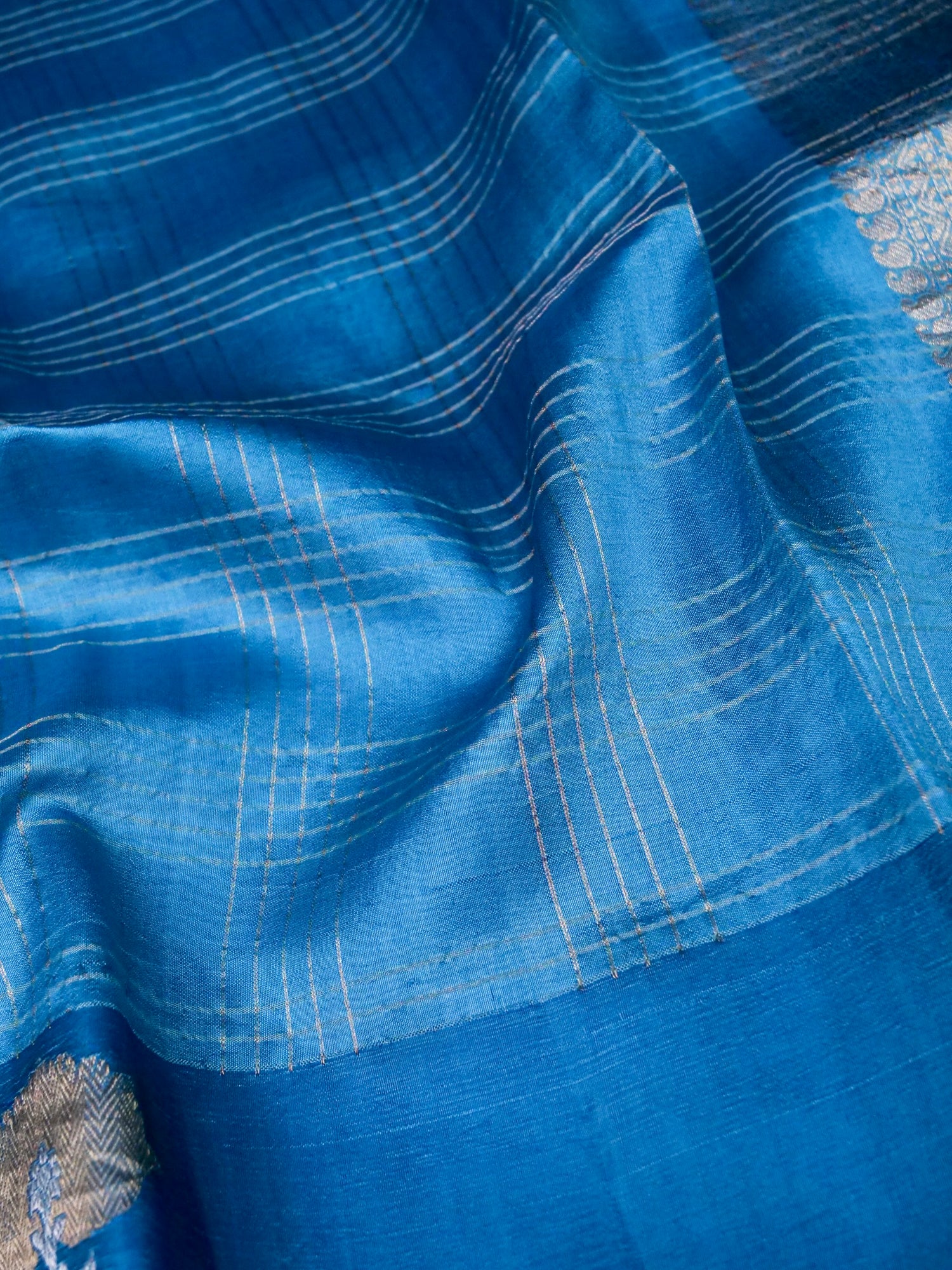 Banarasi Katan Silk Kadwa Striped Handwoven Saree in Cerulean Blue - Khinkhwab