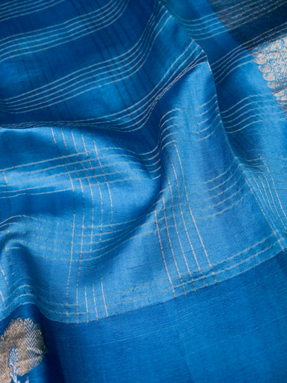 Banarasi Katan Silk Kadwa Striped Handwoven Saree in Cerulean Blue - Khinkhwab