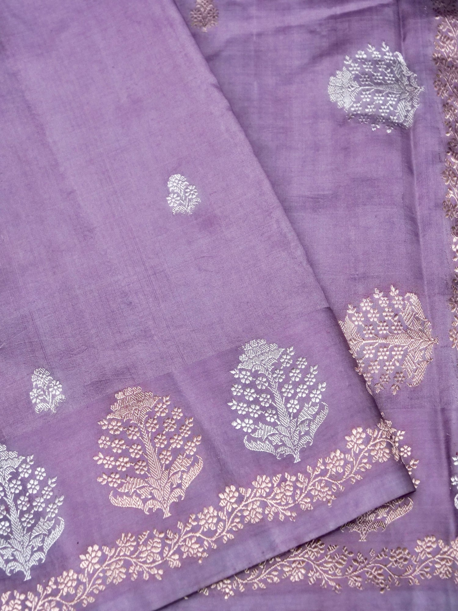 Banarasi Katan Silk Kadwa Tree Buti Handwoven Saree in Dusty Mauve - Khinkhwab