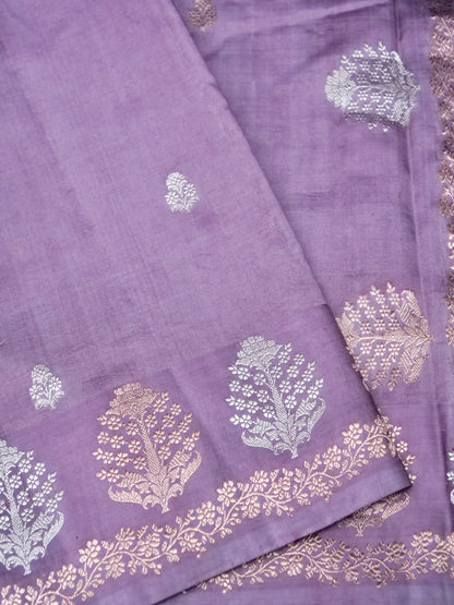 Banarasi Katan Silk Kadwa Tree Buti Handwoven Saree in Dusty Mauve - Khinkhwab
