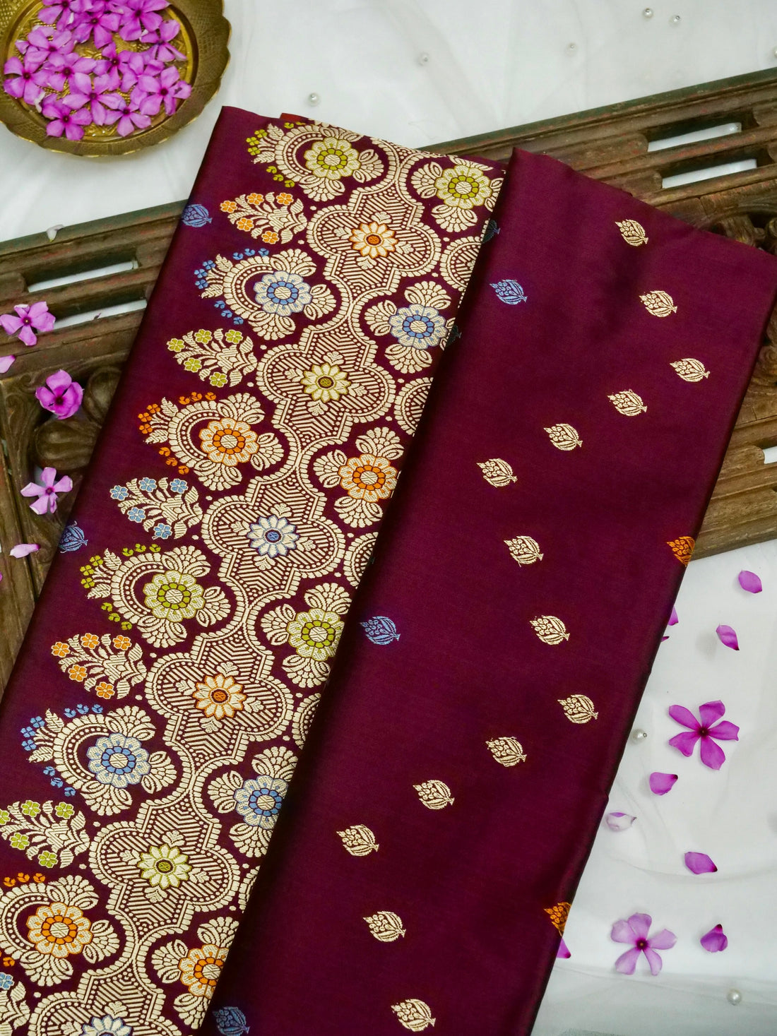 Banarasi Katan Silk Meenakari Border Handloom Saree | Wine - Khinkhwab