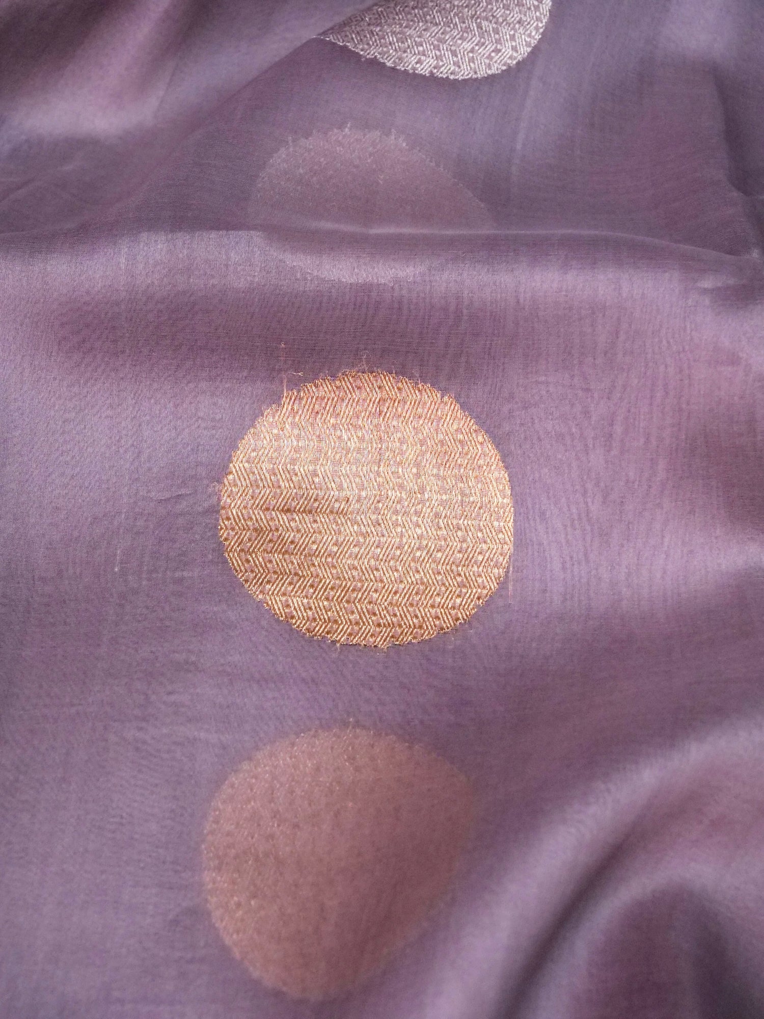 Kora silk Kadwa Banarasi saree in dusty lilac with intricate handwoven patterns and rich organza texture.