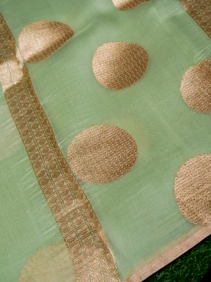 Kora Silk Kadwa Handwoven Banarasi Saree in Pista Green