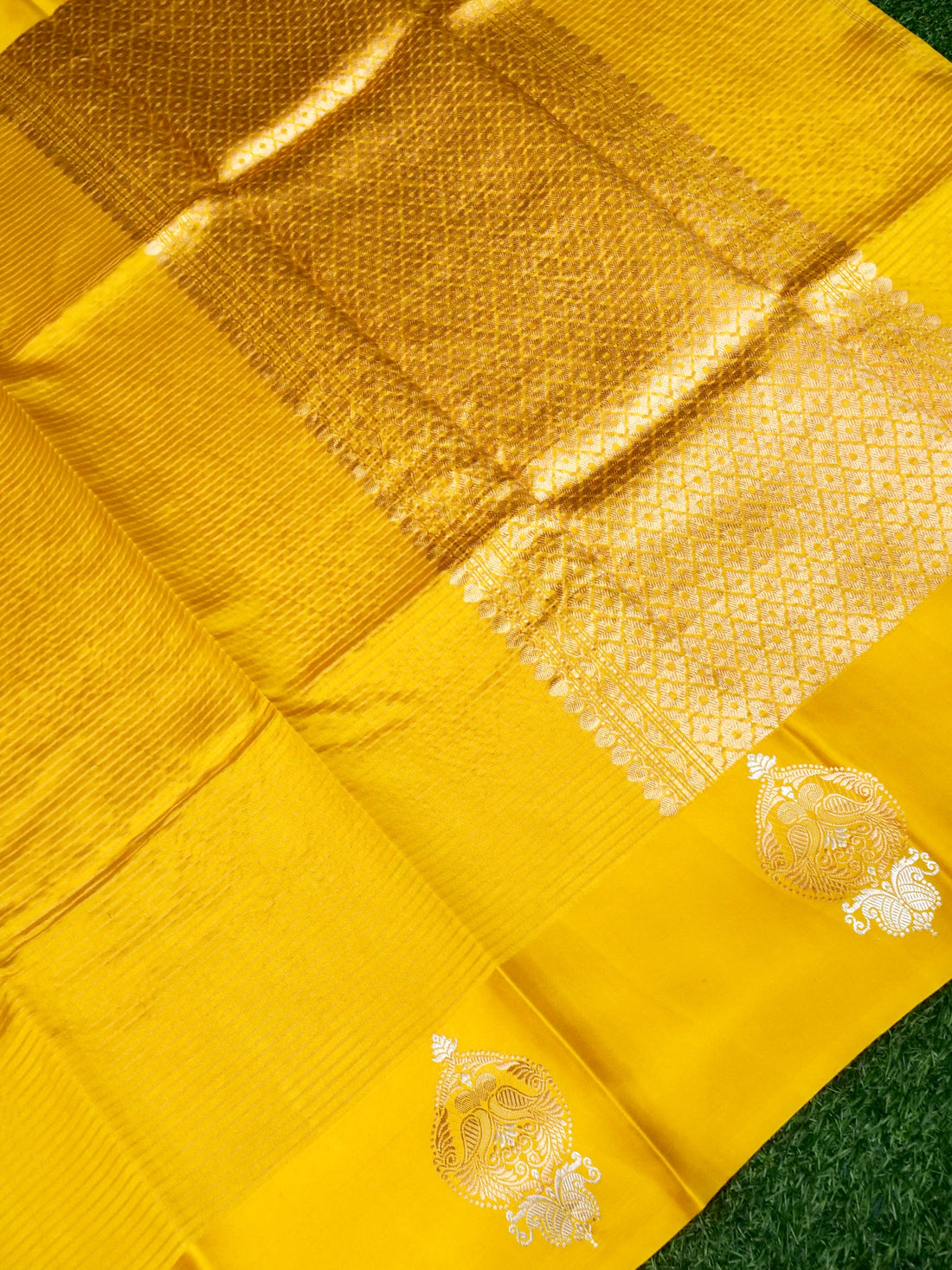 Banarasi Katan Silk Kadwa Striped Handwoven Saree in Marigold Yellow - Khinkhwab