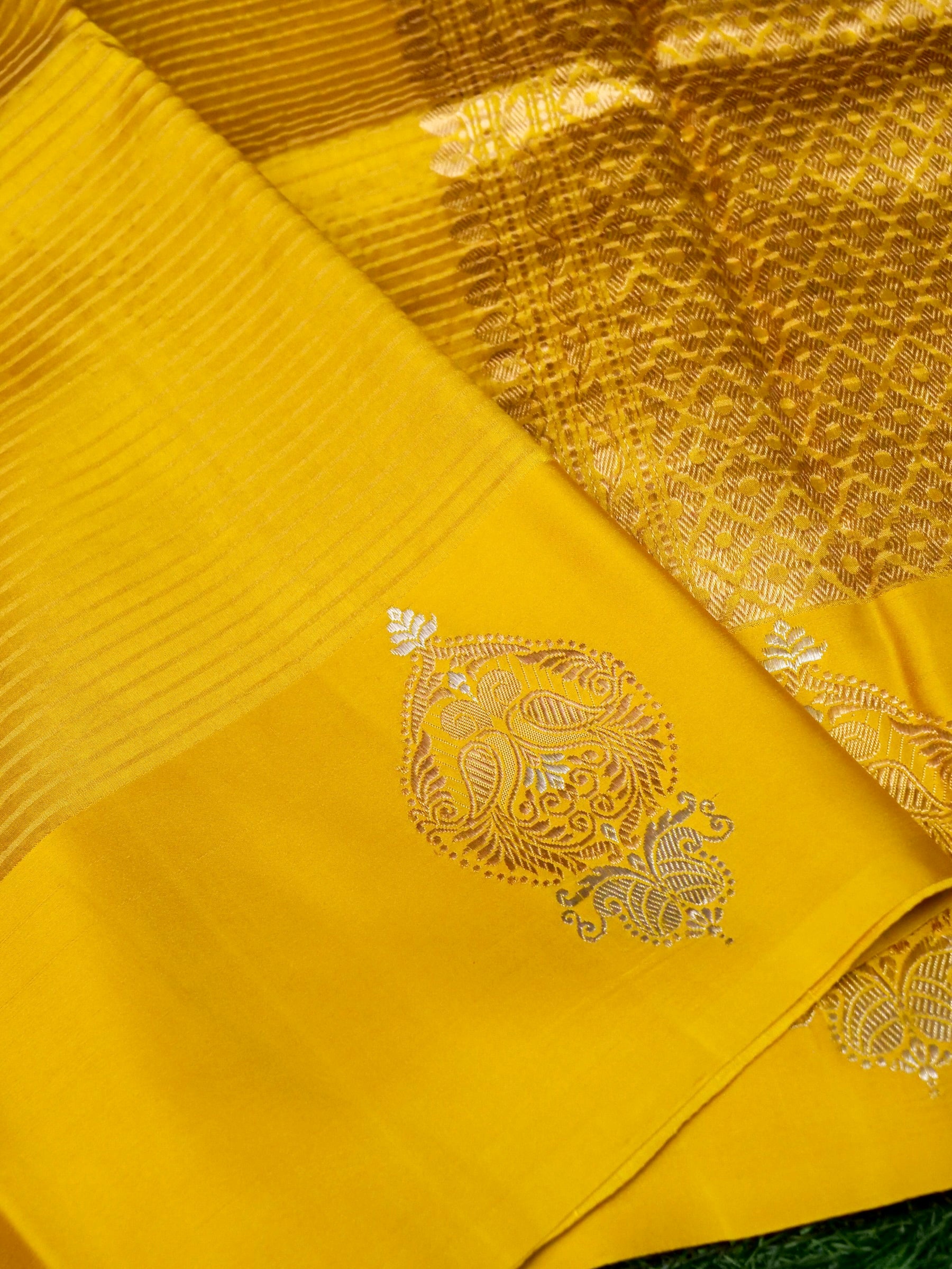Banarasi Katan Silk Kadwa Striped Handwoven Saree in Marigold Yellow - Khinkhwab