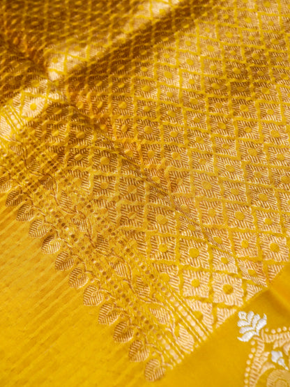 Banarasi Katan Silk Kadwa Striped Handwoven Saree in Marigold Yellow - Khinkhwab