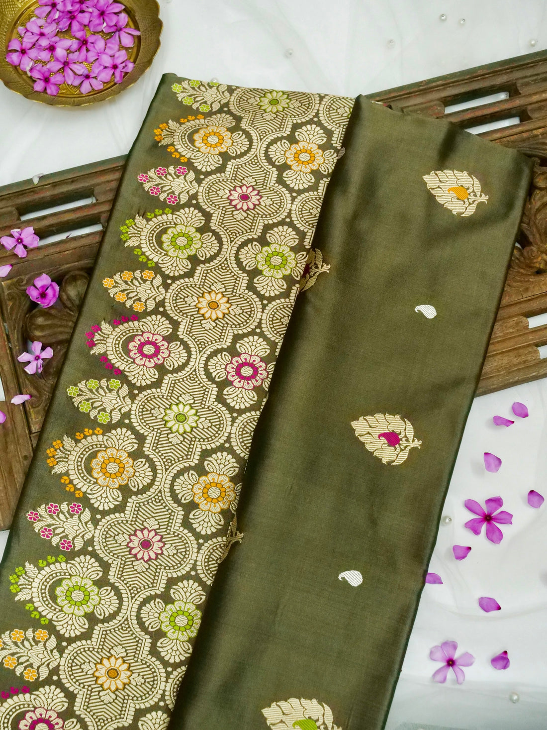 Banarasi Katan Silk Meenakari Border Handloom Saree | Dark Green - Khinkhwab