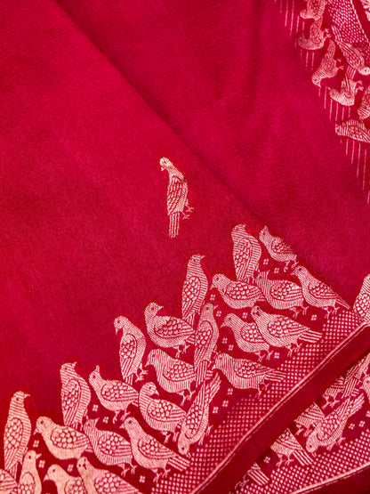 Banarasi Katan Silk Kadwa Bird Motif Handwoven Saree in Crimson Red - Khinkhwab