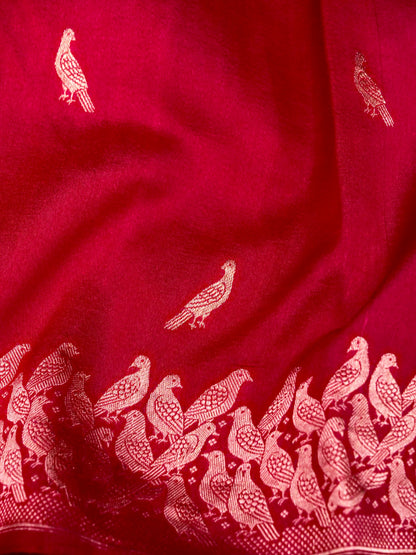 Banarasi Katan Silk Kadwa Bird Motif Handwoven Saree in Crimson Red - Khinkhwab