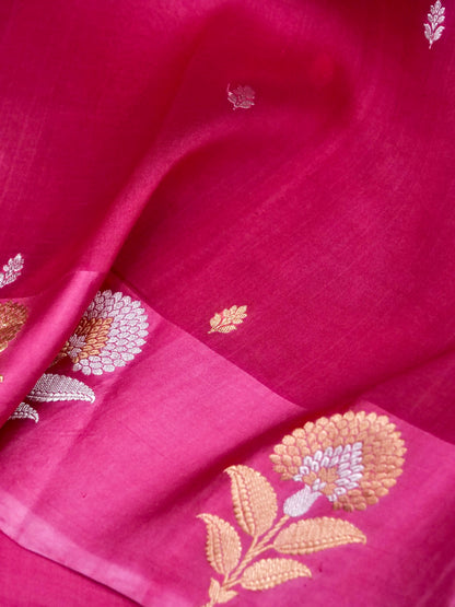 Banarasi Katan Silk Kadwa Marigold Handwoven Saree in Rani Pink - Khinkhwab