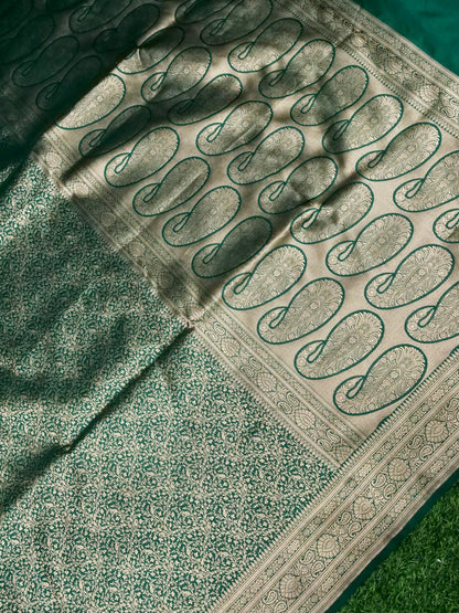 Banarasi Katan Silk Zari Tanchoi Kairi Handwoven Saree in Bottle Green