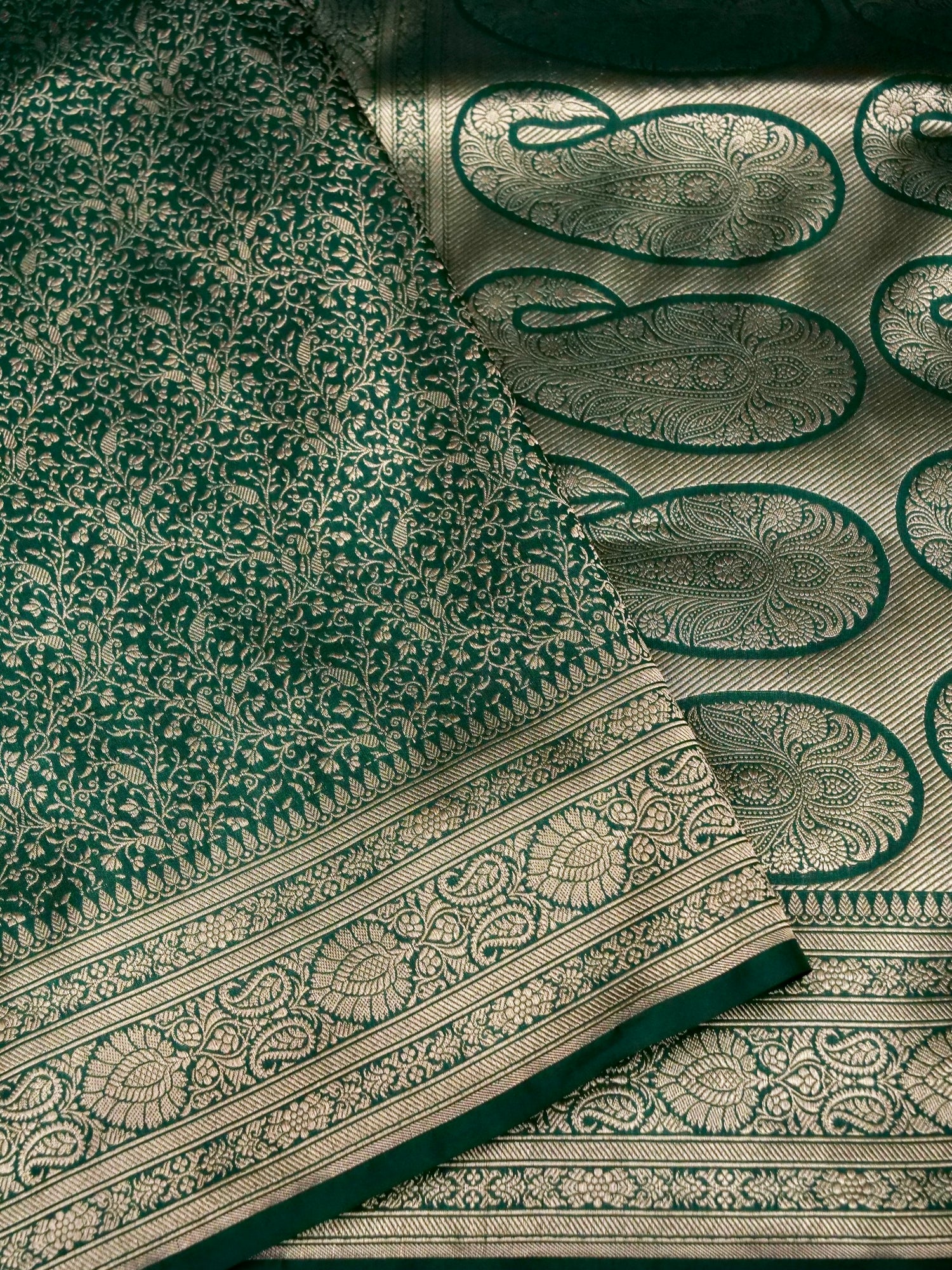 Banarasi Katan Silk Zari Tanchoi Kairi Handwoven Saree in Bottle Green