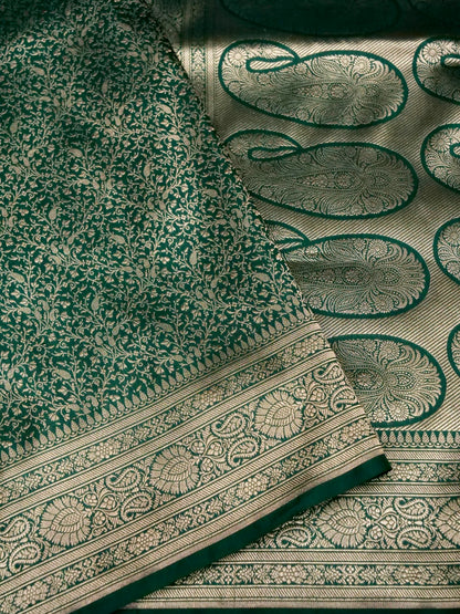 Banarasi Katan Silk Zari Tanchoi Kairi Handwoven Saree in Bottle Green