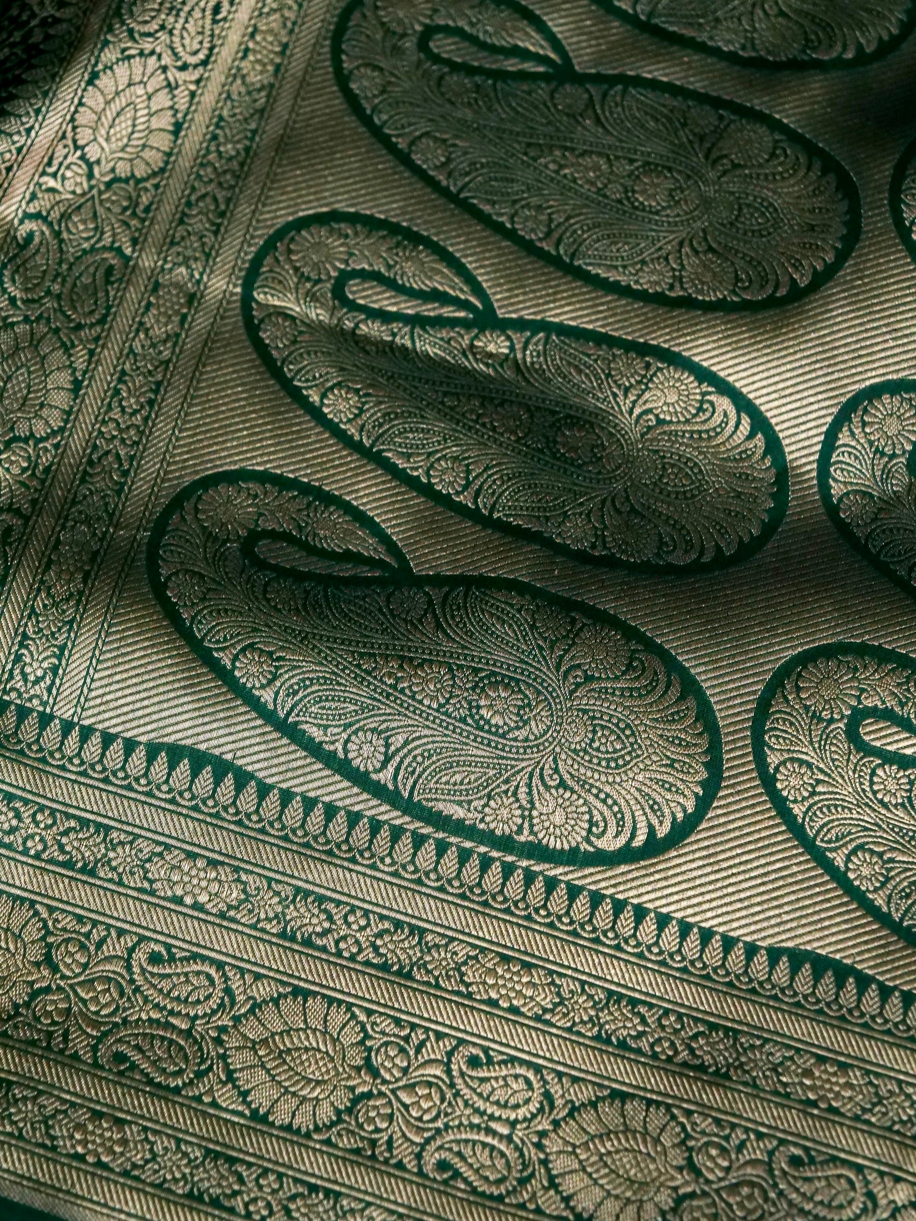 Banarasi Katan Silk Zari Tanchoi Kairi Handwoven Saree in Bottle Green
